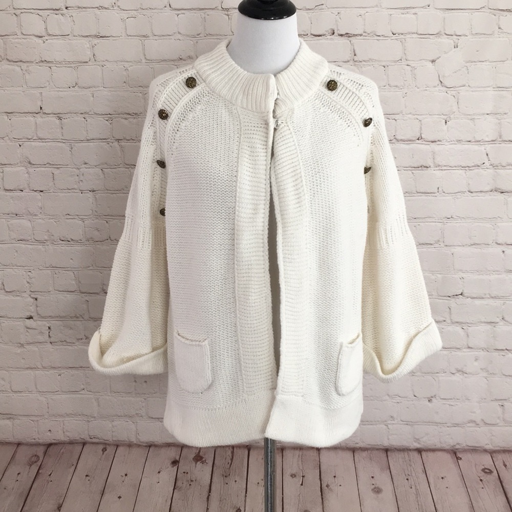 Womens White Chunky Knit Cardigan with Bell Sleeves and Buttons